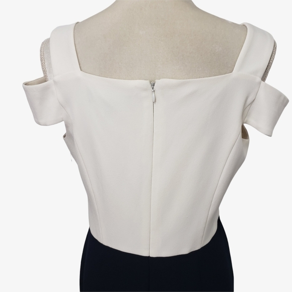 Maggie London NWT 10 Cream&Navy Dropped Shoulder Notched Neckline Classy! - Picture 6 of 16